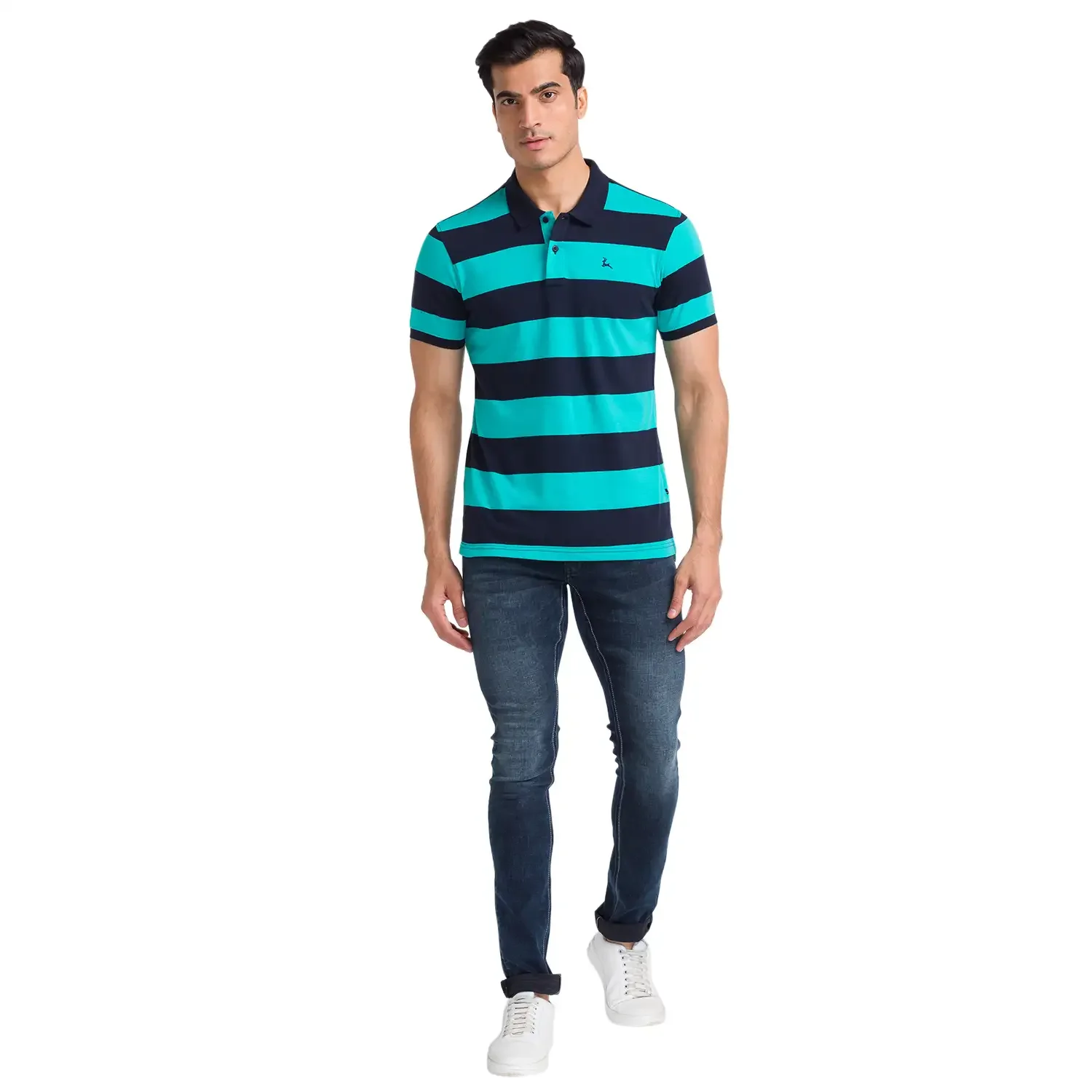 Men Green Regular Fit Stripe Cotton Round Neck Collar Polo T-Shirt - Image 5