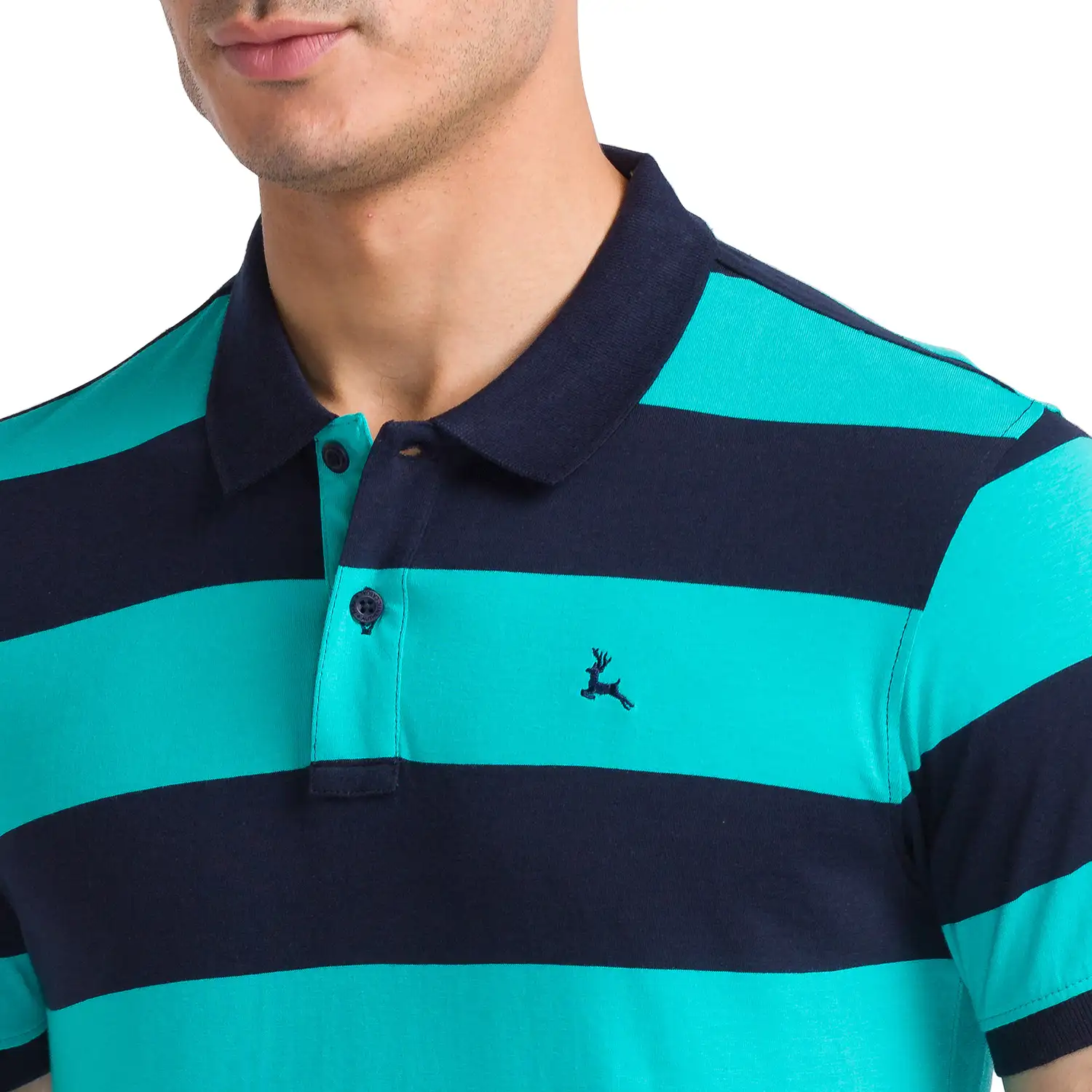 Men Green Regular Fit Stripe Cotton Round Neck Collar Polo T-Shirt - Image 6