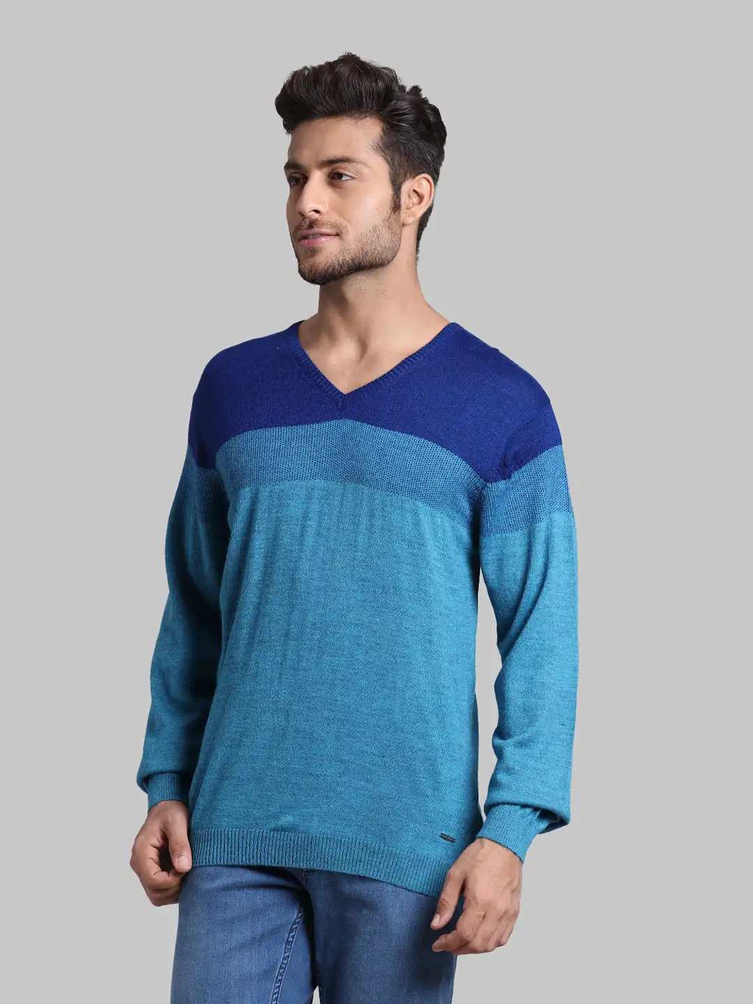 Men Green Regular Fit Stripe Wool Blend Full Sleeve V Neck Collar Sweaters - Image 3