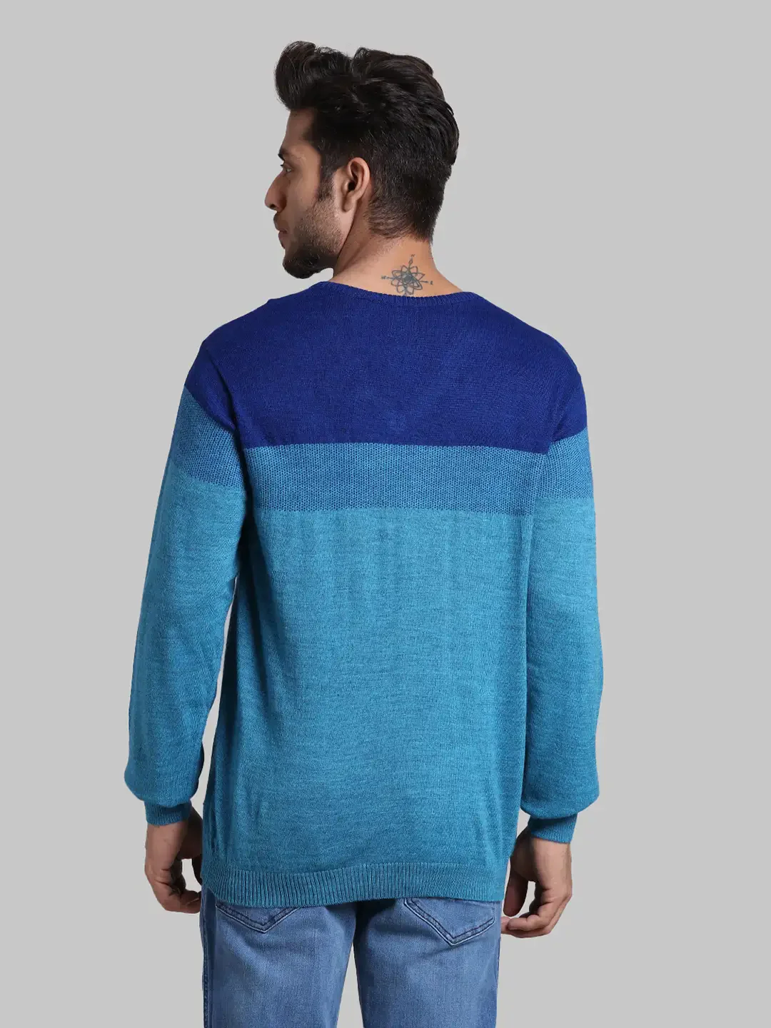 Men Green Regular Fit Stripe Wool Blend Full Sleeve V Neck Collar Sweaters - Image 4