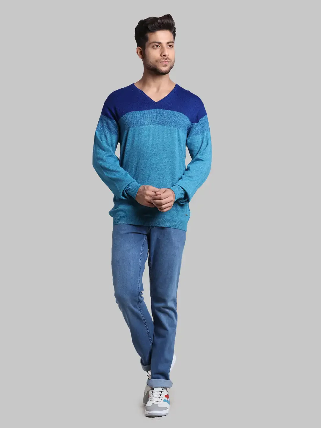 Men Green Regular Fit Stripe Wool Blend Full Sleeve V Neck Collar Sweaters - Image 5