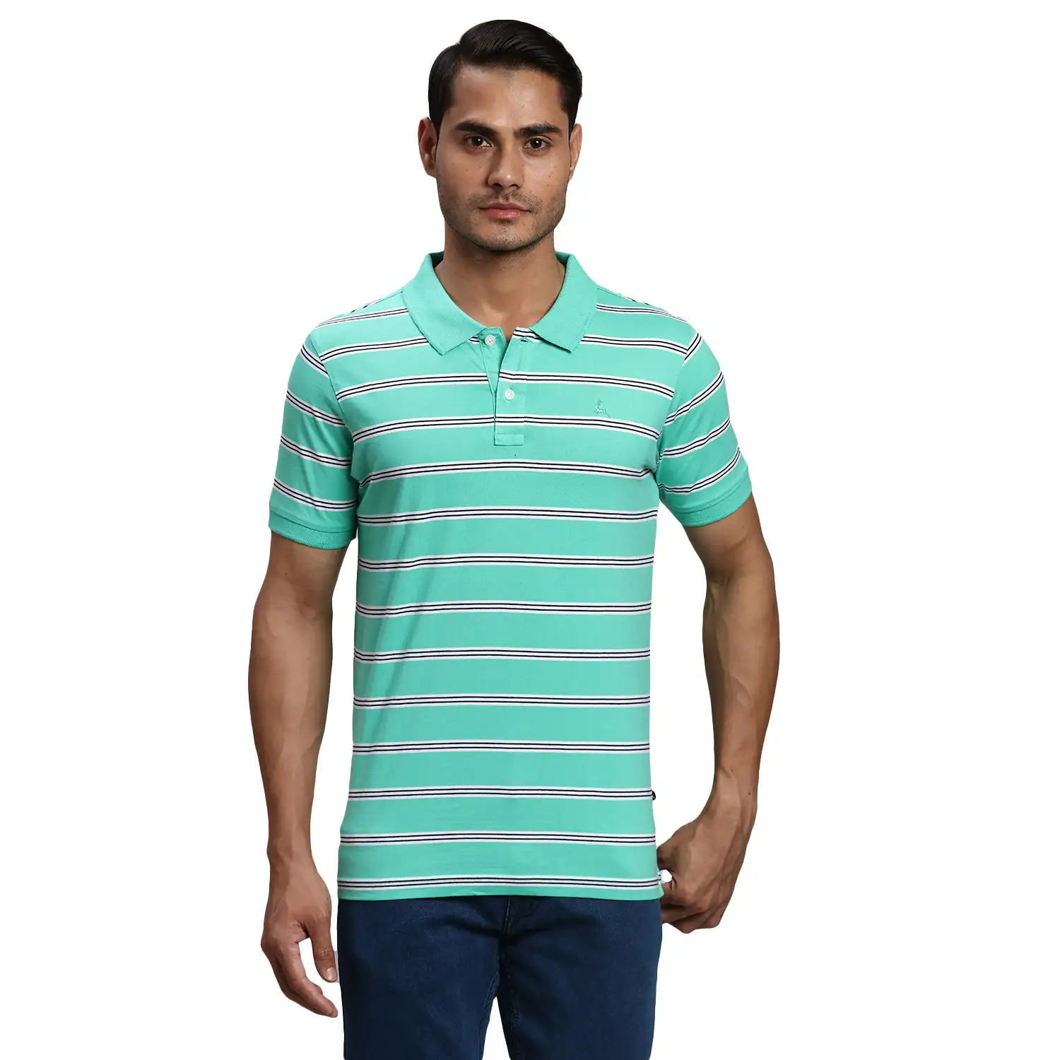 Men Green Regular Fit Yarn Dyed Cotton Round Neck Collar Polo T-Shirt