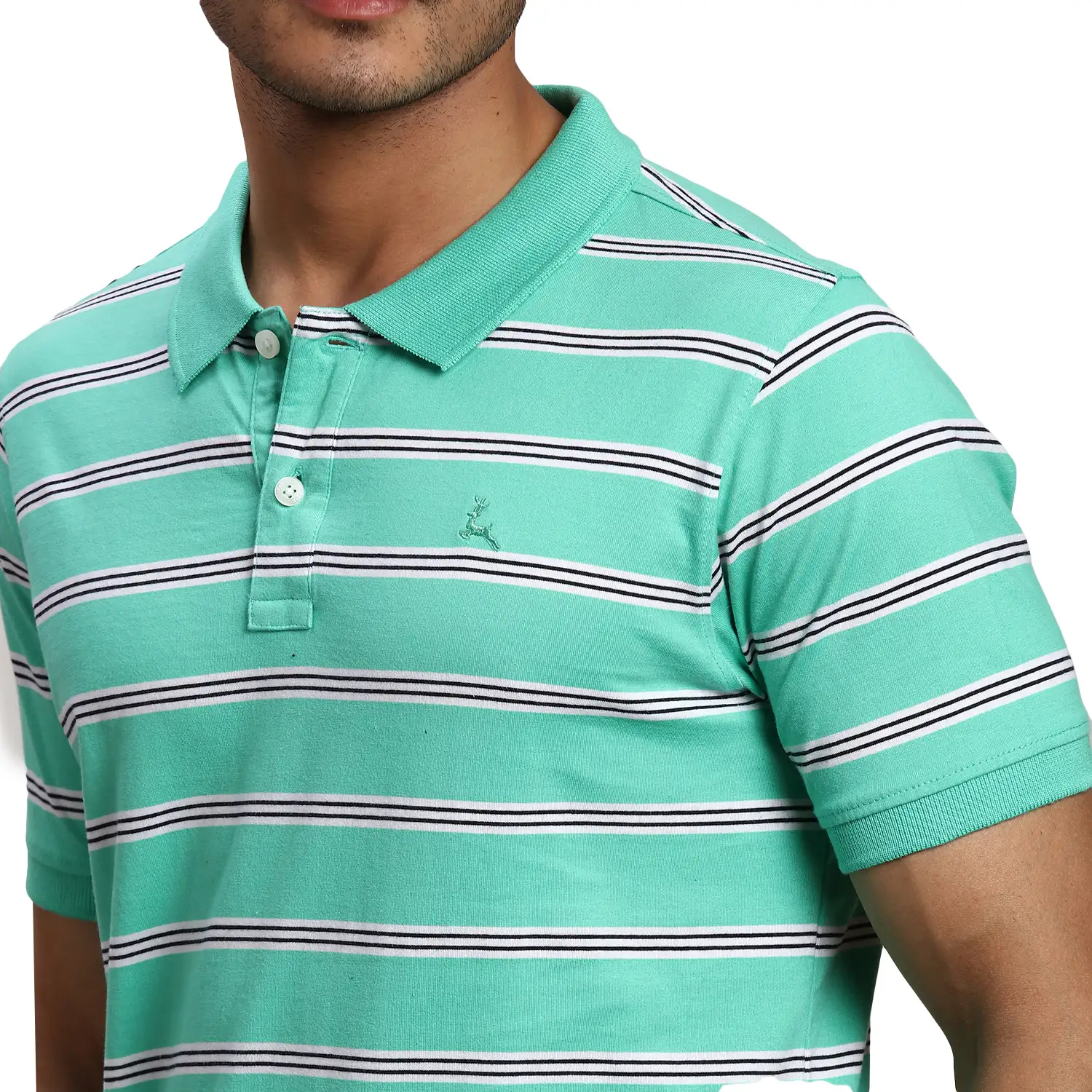 Men Green Regular Fit Yarn Dyed Cotton Round Neck Collar Polo T-Shirt - Image 6