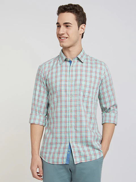Men Green Slim Fit Checks Cotton Blend Full Sleeve Shirts