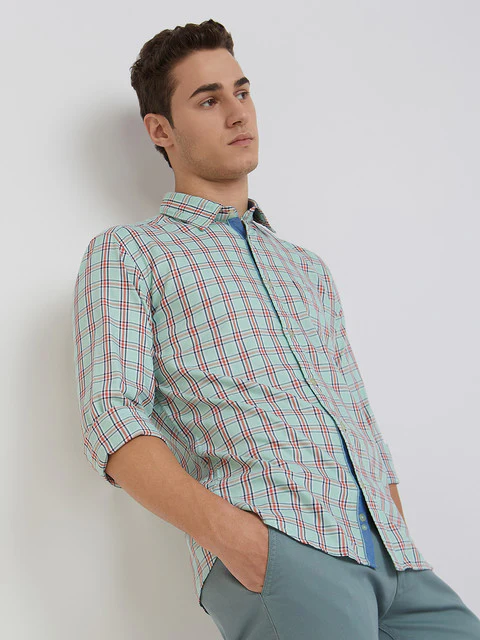Men Green Slim Fit Checks Cotton Blend Full Sleeve Shirts - Image 2