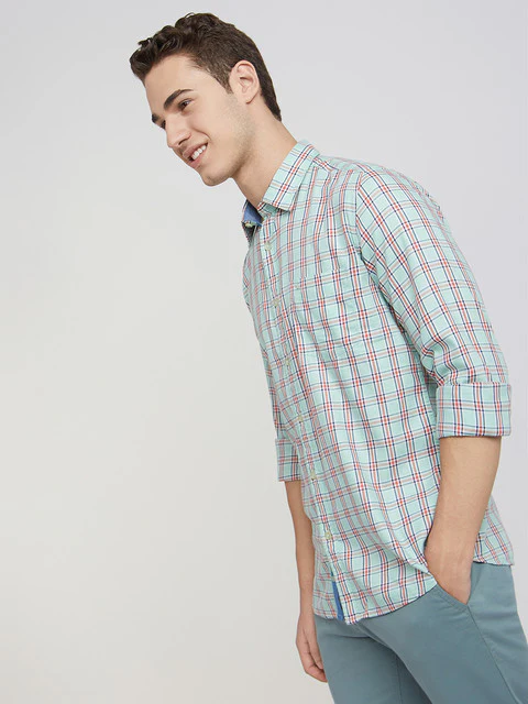 Men Green Slim Fit Checks Cotton Blend Full Sleeve Shirts - Image 3