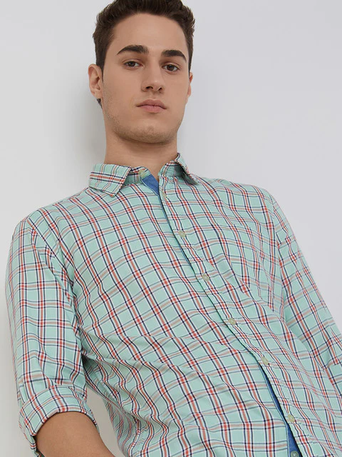 Men Green Slim Fit Checks Cotton Blend Full Sleeve Shirts - Image 6