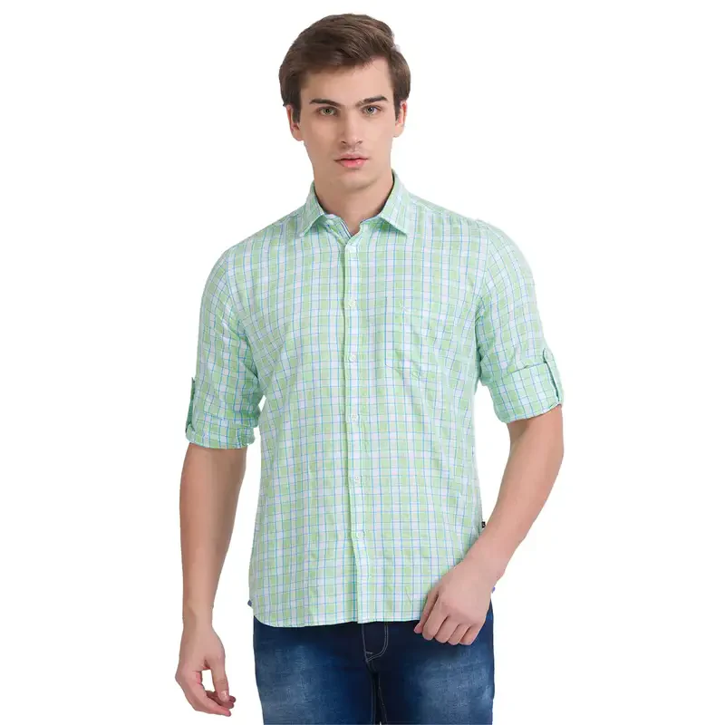 Men Green Slim Fit Checks Cotton Blend Full Sleeve Shirts