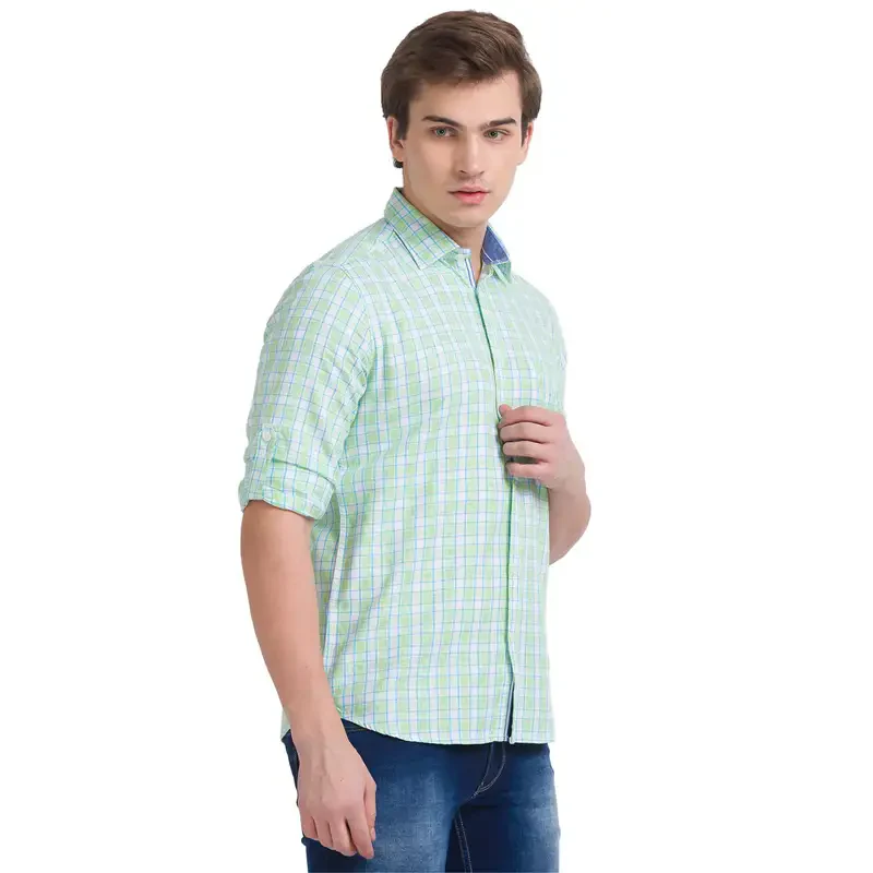 Men Green Slim Fit Checks Cotton Blend Full Sleeve Shirts - Image 2