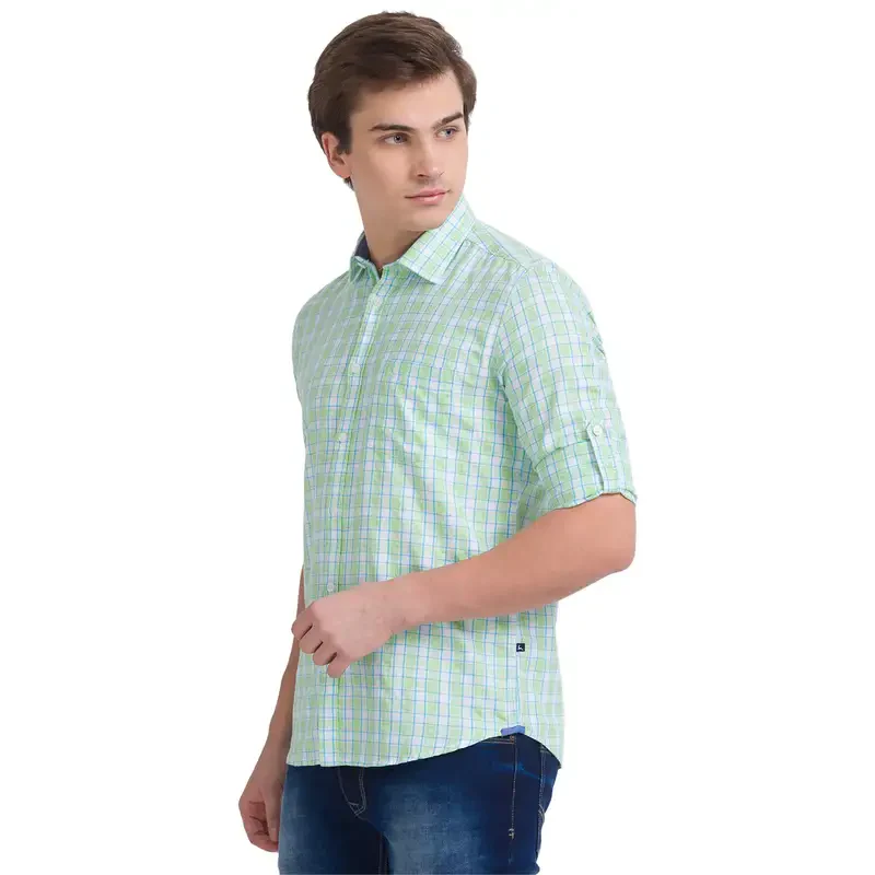 Men Green Slim Fit Checks Cotton Blend Full Sleeve Shirts - Image 3