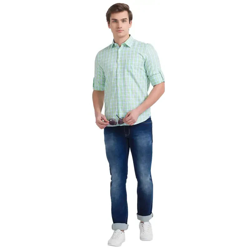Men Green Slim Fit Checks Cotton Blend Full Sleeve Shirts - Image 5