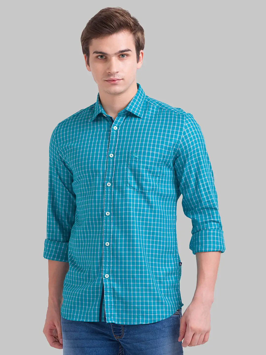 Men Green Slim Fit Checks Cotton Blend Full Sleeve Shirts