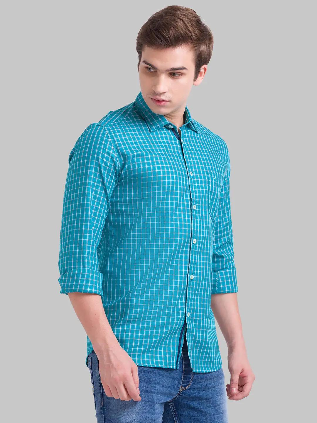 Men Green Slim Fit Checks Cotton Blend Full Sleeve Shirts - Image 2