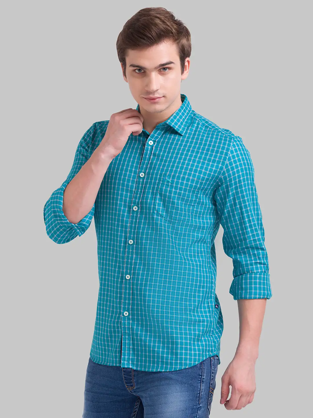 Men Green Slim Fit Checks Cotton Blend Full Sleeve Shirts - Image 3