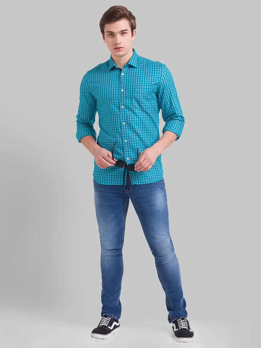 Men Green Slim Fit Checks Cotton Blend Full Sleeve Shirts - Image 5