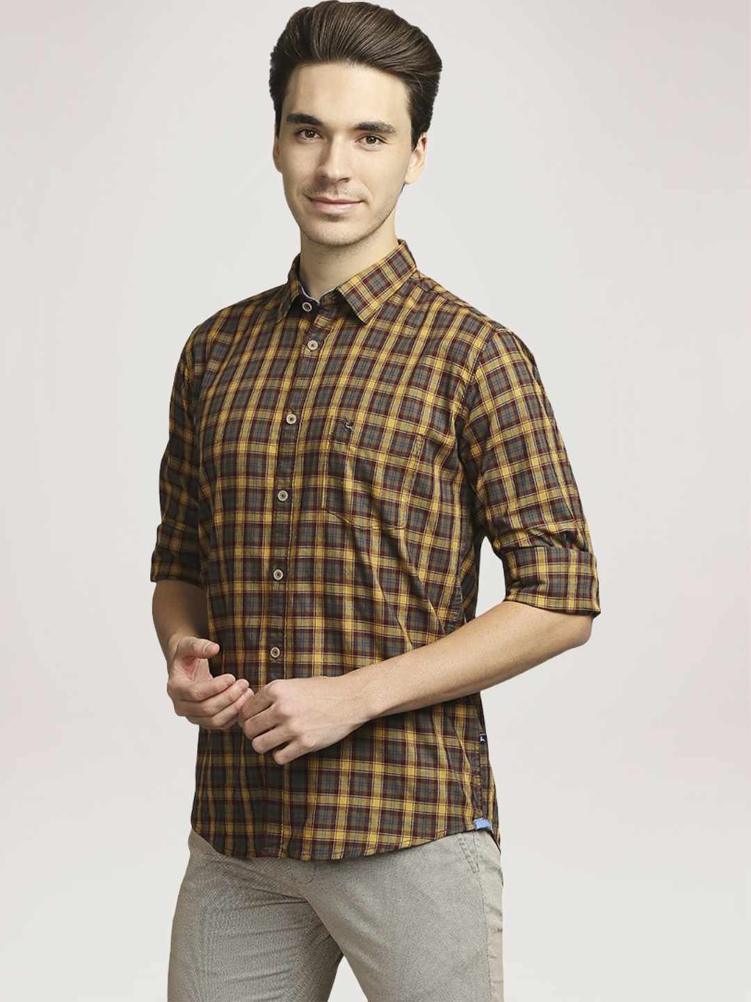 Men Green Slim Fit Checks Cotton Blend Full Sleeve Shirts - Image 4