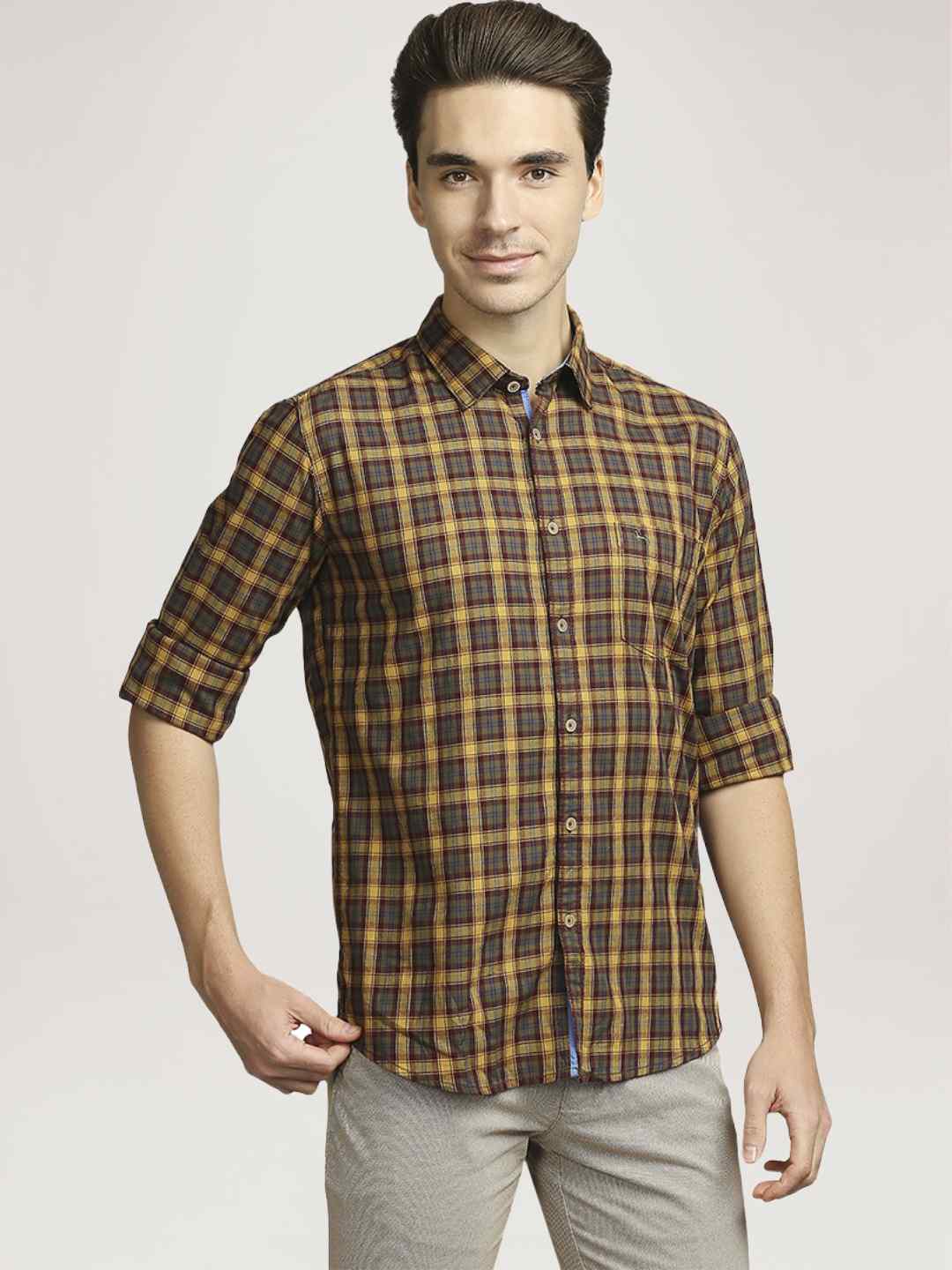 Men Green Slim Fit Checks Cotton Blend Full Sleeve Shirts - Image 5