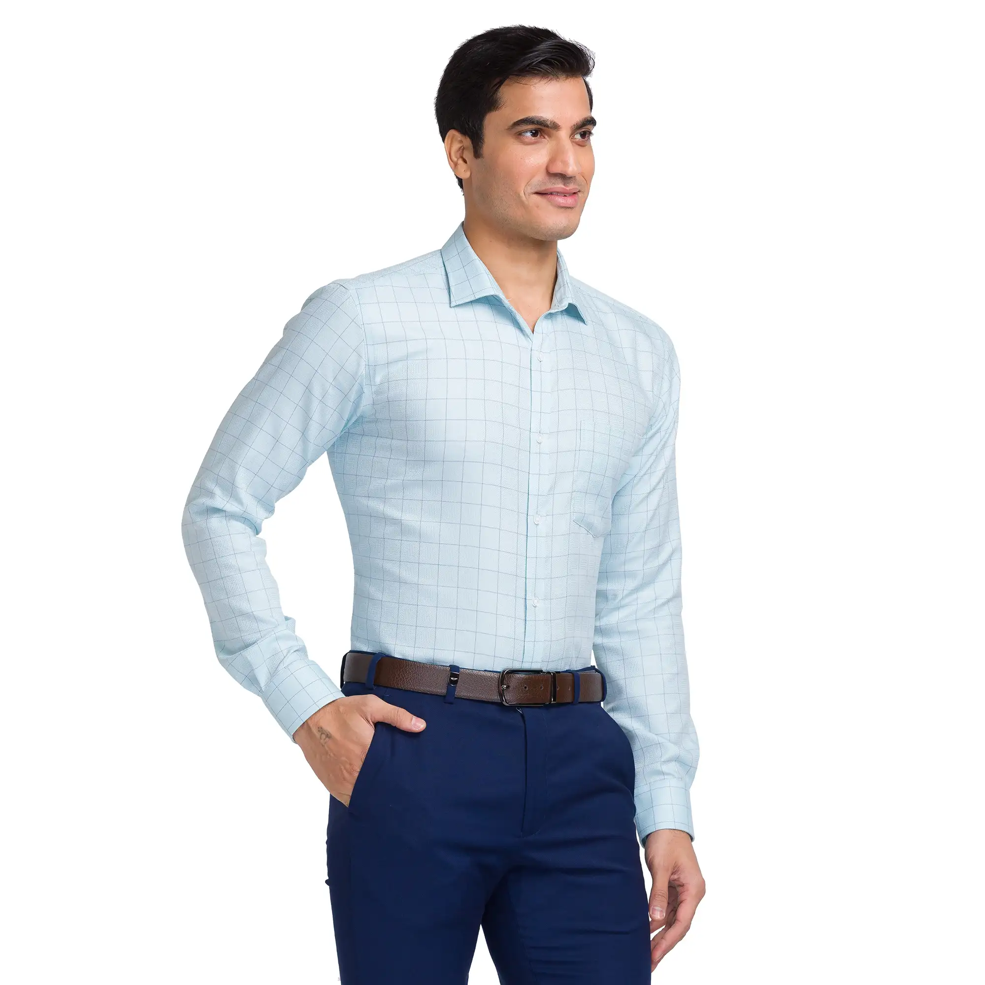 Men Green Slim Fit Checks Cotton Cut Away Collar Shirts - Image 2