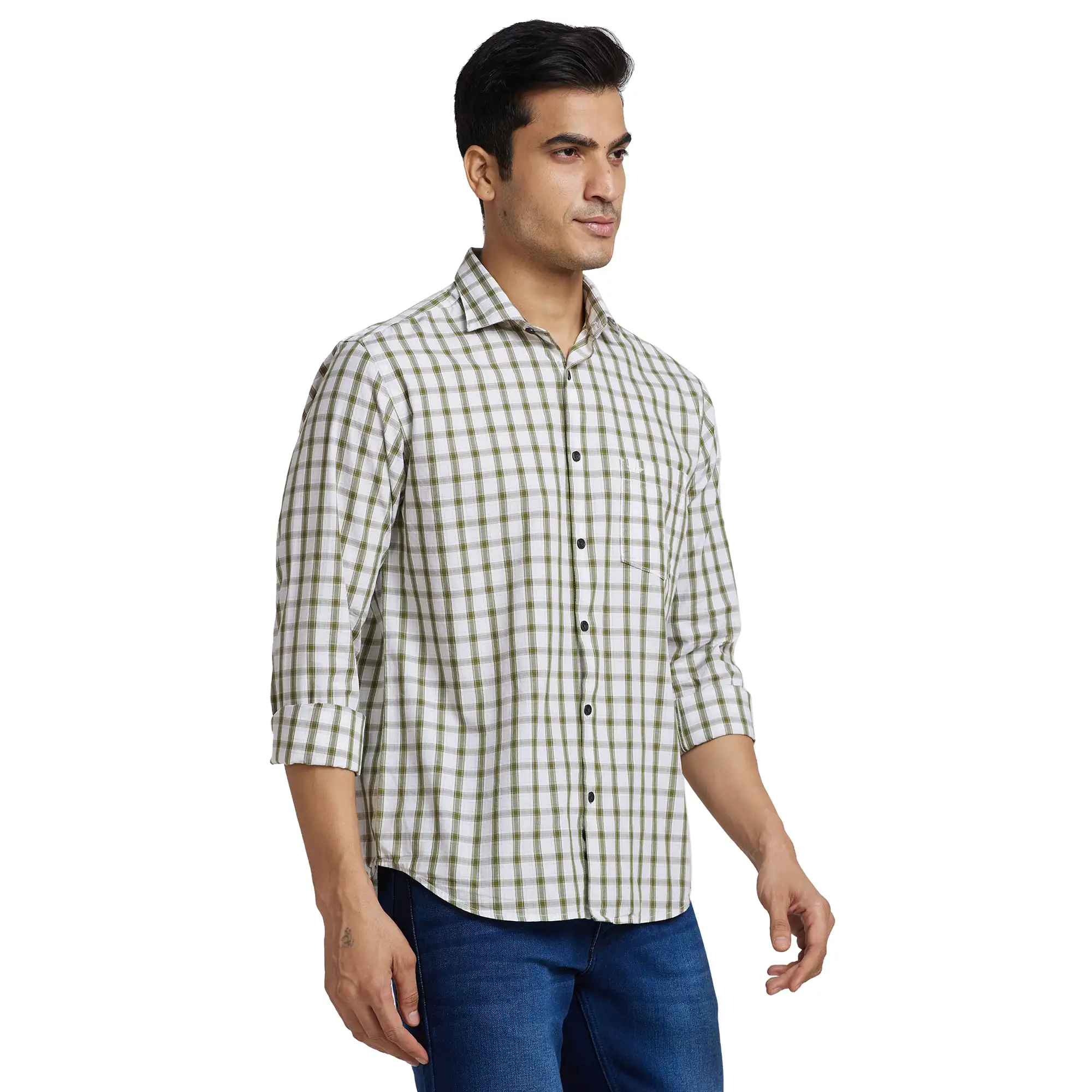 Men Green Slim Fit Checks Cotton Cut Away Collar Shirts - Image 2