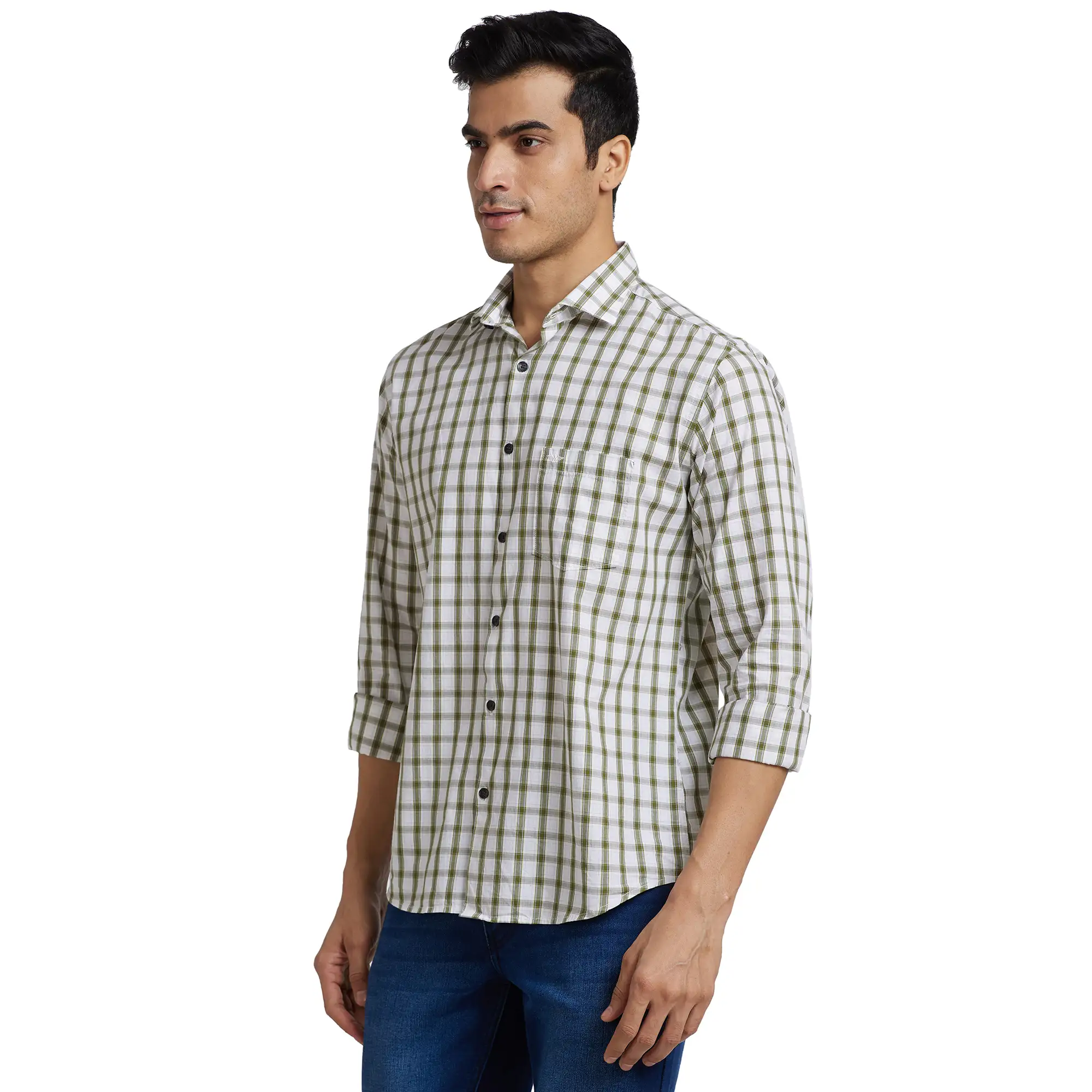 Men Green Slim Fit Checks Cotton Cut Away Collar Shirts - Image 3