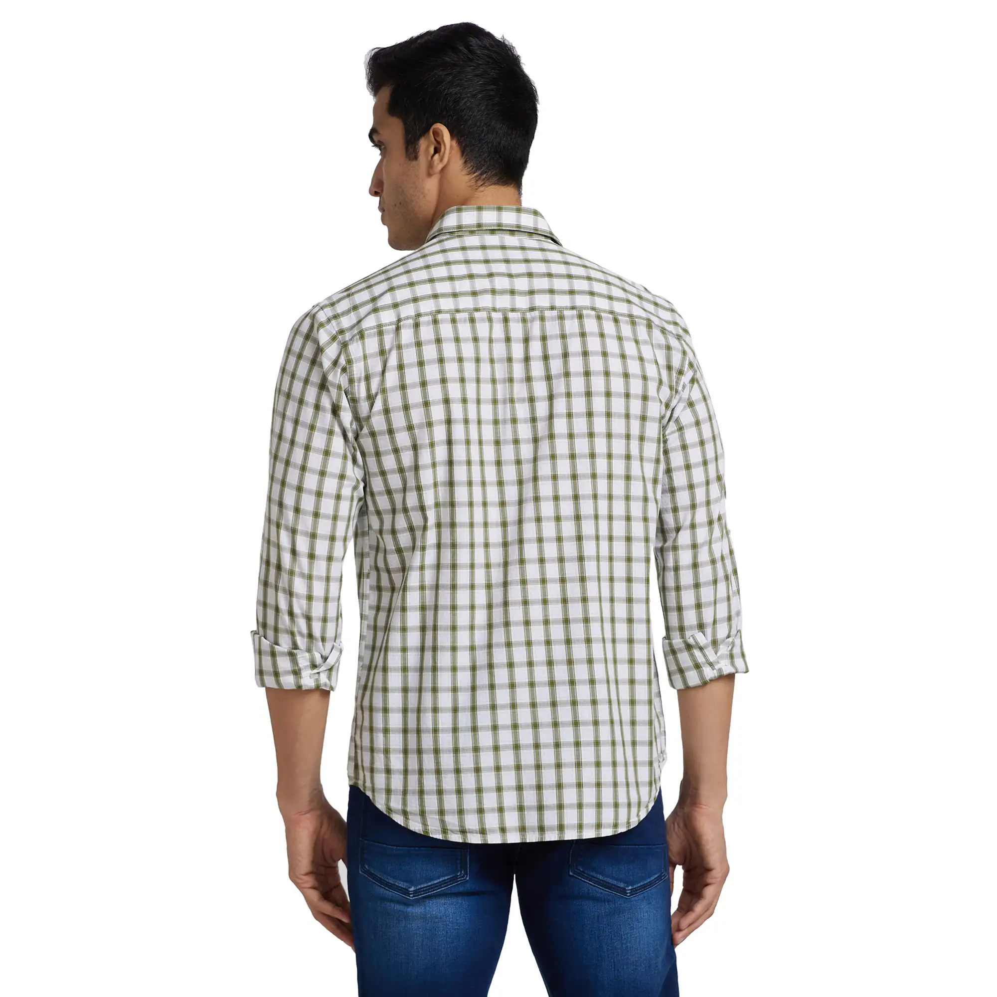 Men Green Slim Fit Checks Cotton Cut Away Collar Shirts - Image 5