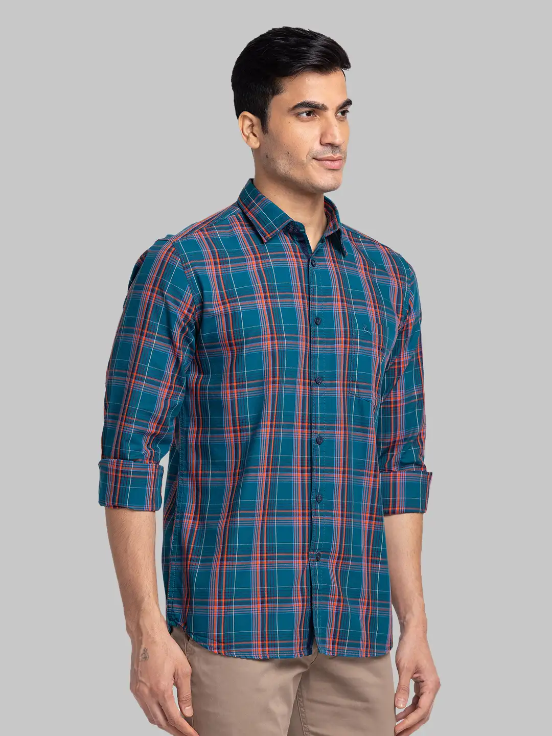 Men Green Slim Fit Checks Cotton Full Sleeve Cutaway Collar Shirts - Image 2