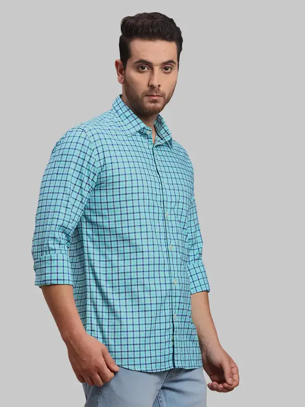 Men Green Slim Fit Checks Cotton Full Sleeve Shirts - Image 2