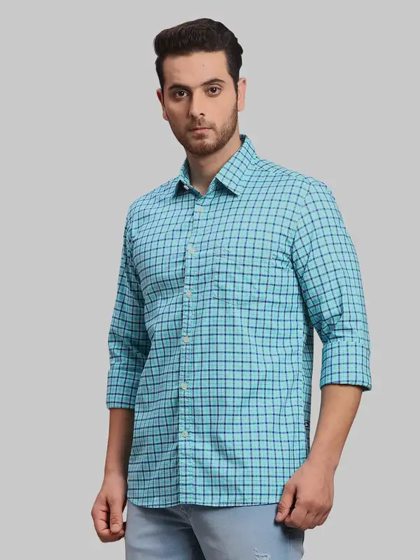 Men Green Slim Fit Checks Cotton Full Sleeve Shirts - Image 3
