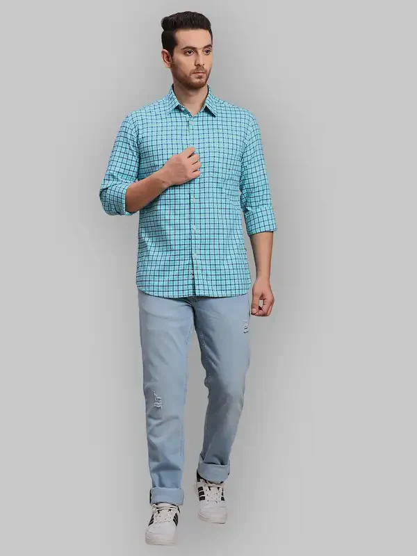 Men Green Slim Fit Checks Cotton Full Sleeve Shirts - Image 5