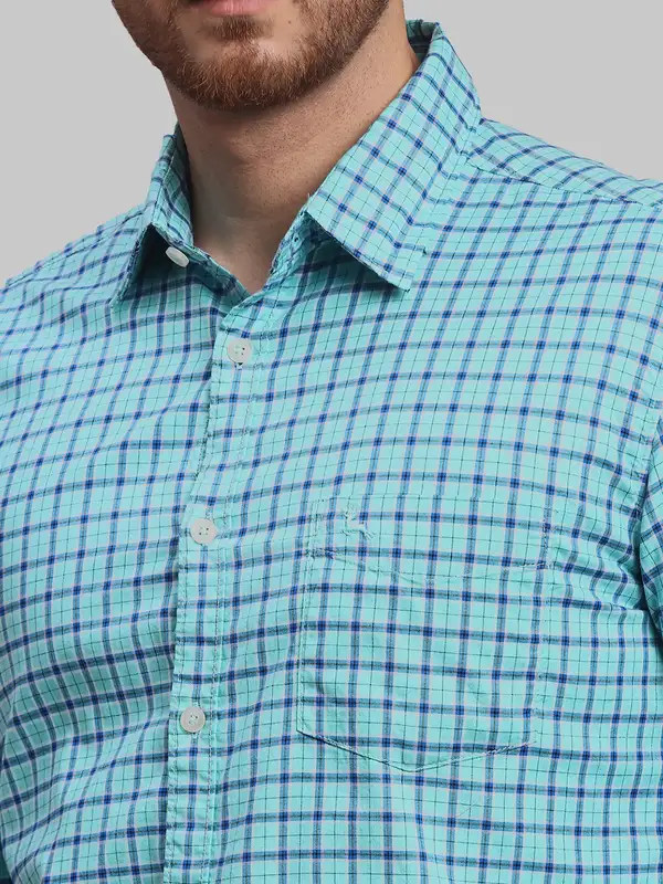 Men Green Slim Fit Checks Cotton Full Sleeve Shirts - Image 6