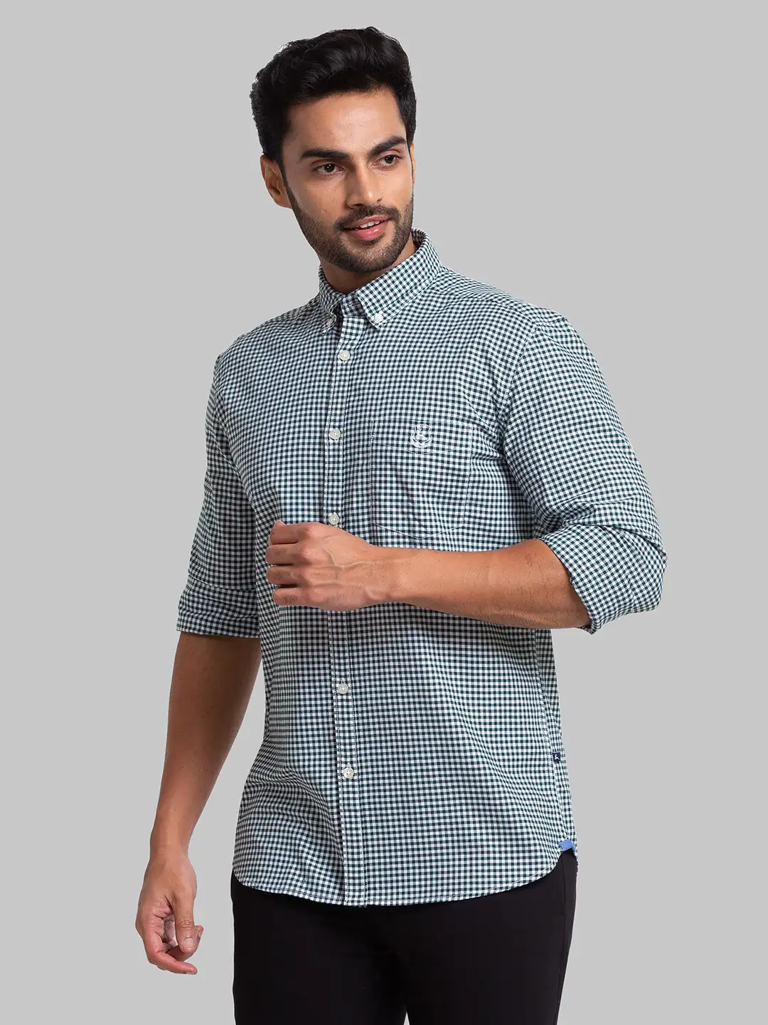 Men Green Slim Fit Checks Cotton Full Sleeve Shirts - Image 2