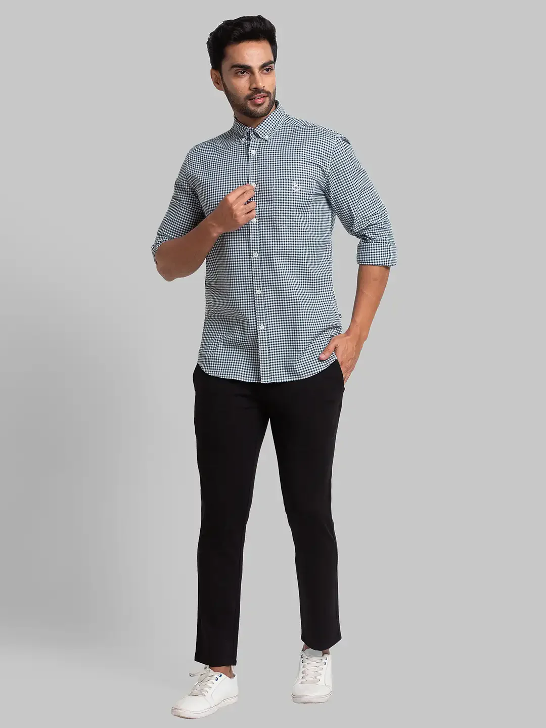 Men Green Slim Fit Checks Cotton Full Sleeve Shirts - Image 5