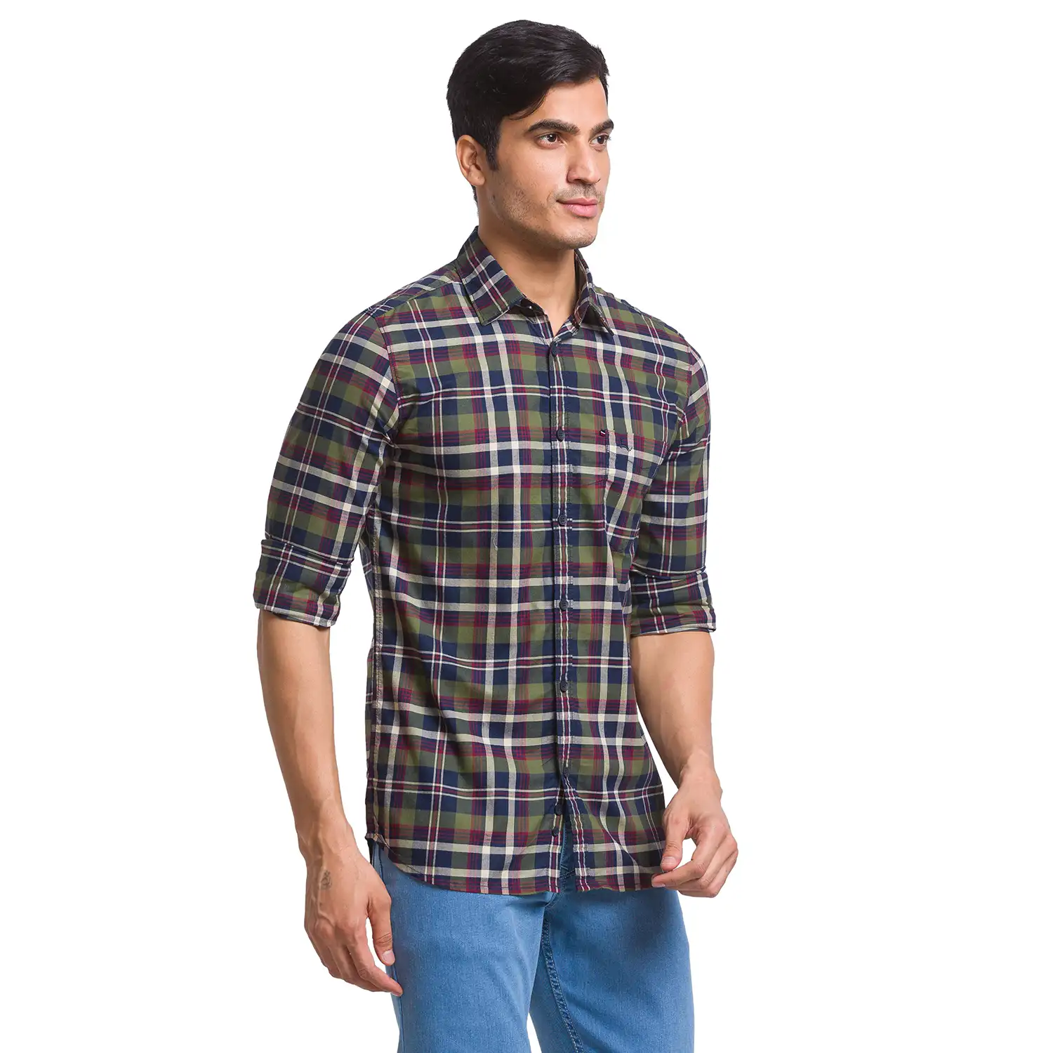 Men Green Slim Fit Checks Cotton Full Sleeve Shirts - Image 2