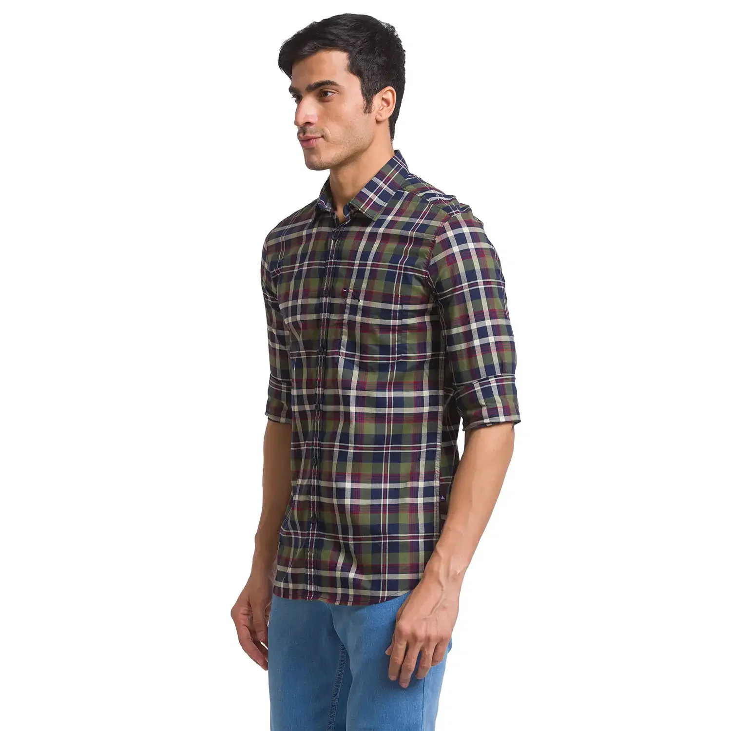 Men Green Slim Fit Checks Cotton Full Sleeve Shirts - Image 3