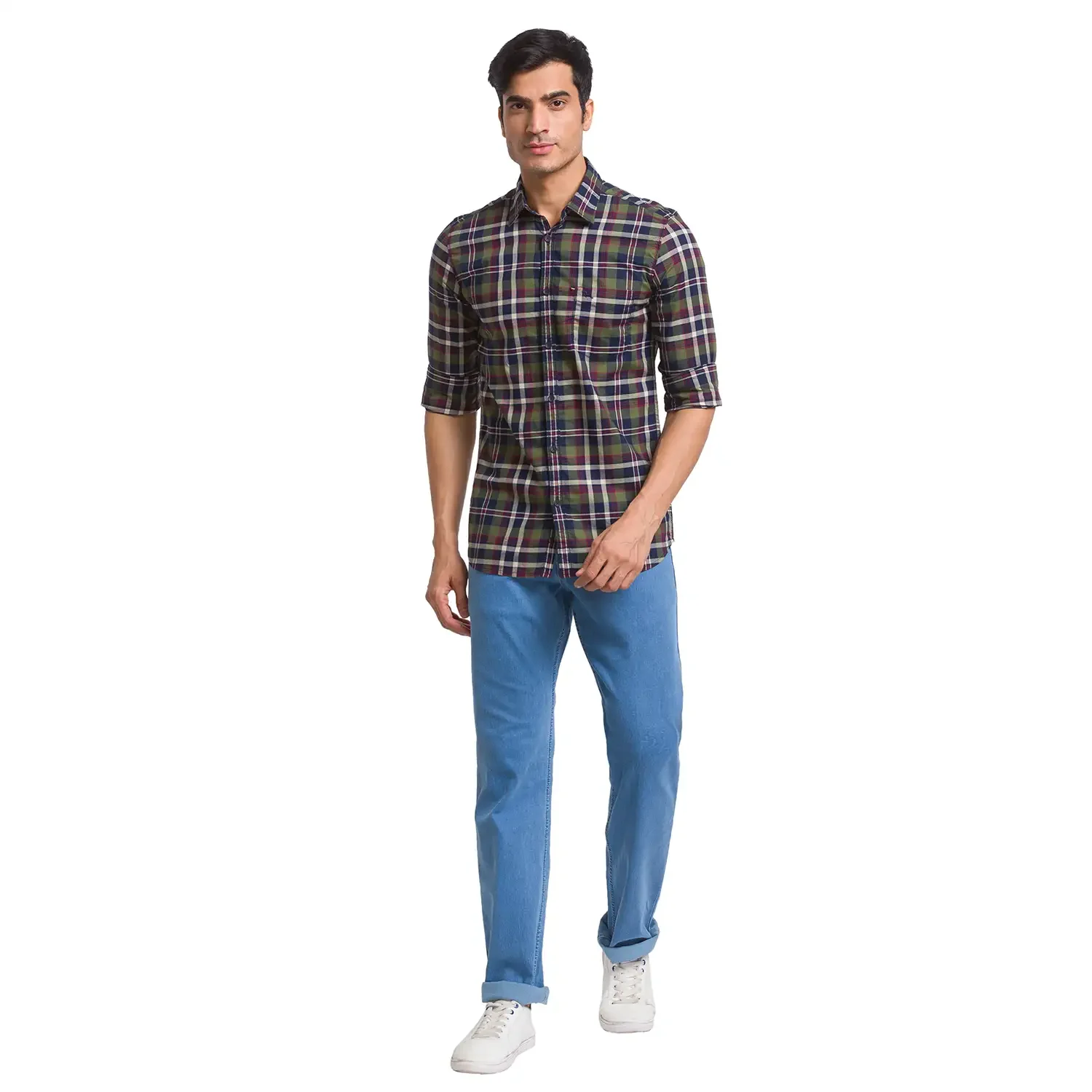 Men Green Slim Fit Checks Cotton Full Sleeve Shirts - Image 5