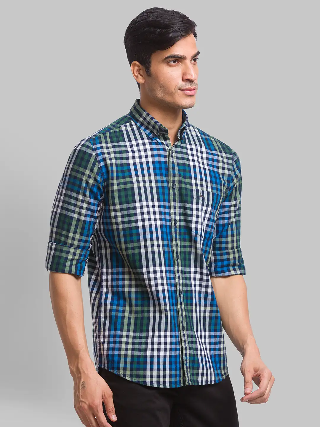 Men Green Slim Fit Checks Cotton Full Sleeve Shirts - Image 2