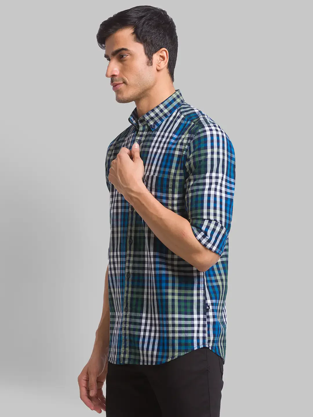 Men Green Slim Fit Checks Cotton Full Sleeve Shirts - Image 3