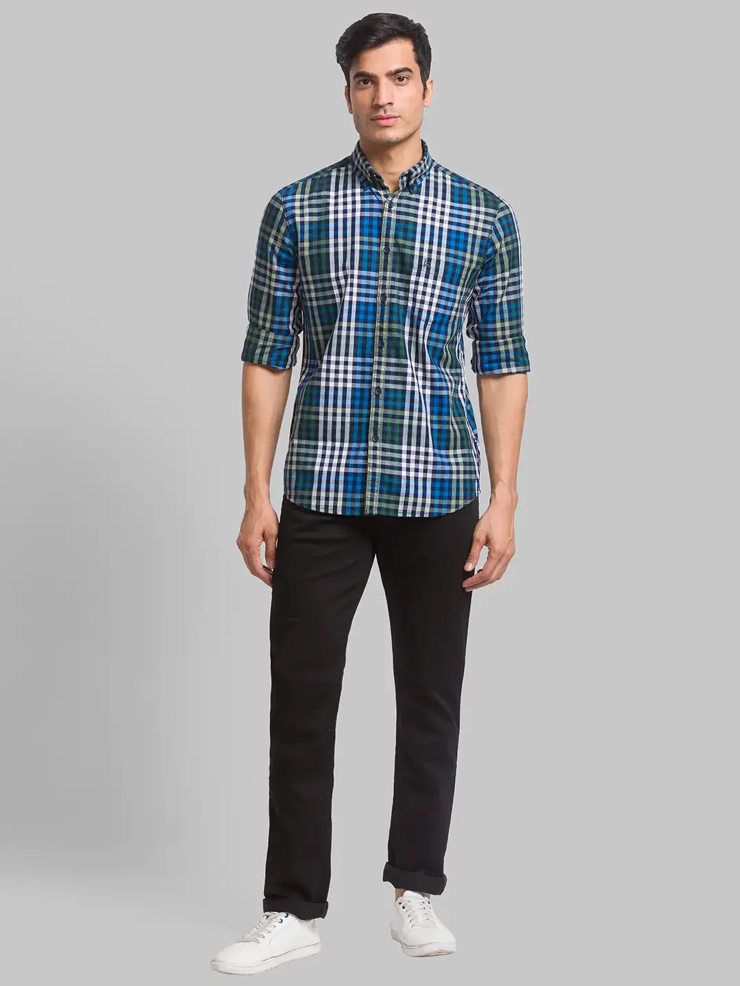 Men Green Slim Fit Checks Cotton Full Sleeve Shirts - Image 5