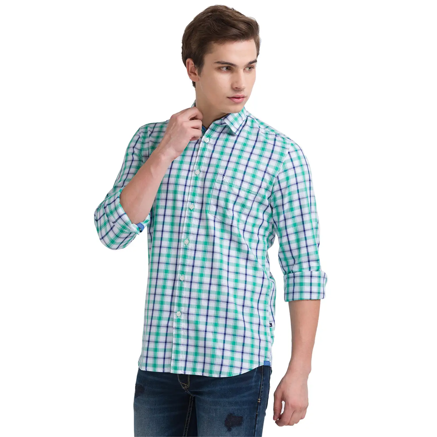 Men Green Slim Fit Checks Cotton Full Sleeve Shirts - Image 2
