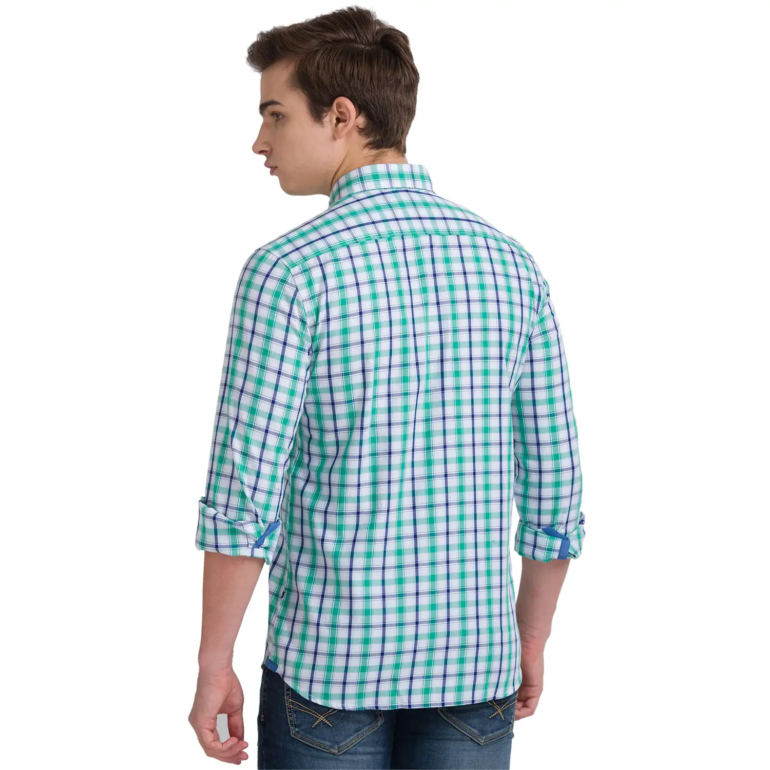 Men Green Slim Fit Checks Cotton Full Sleeve Shirts - Image 3