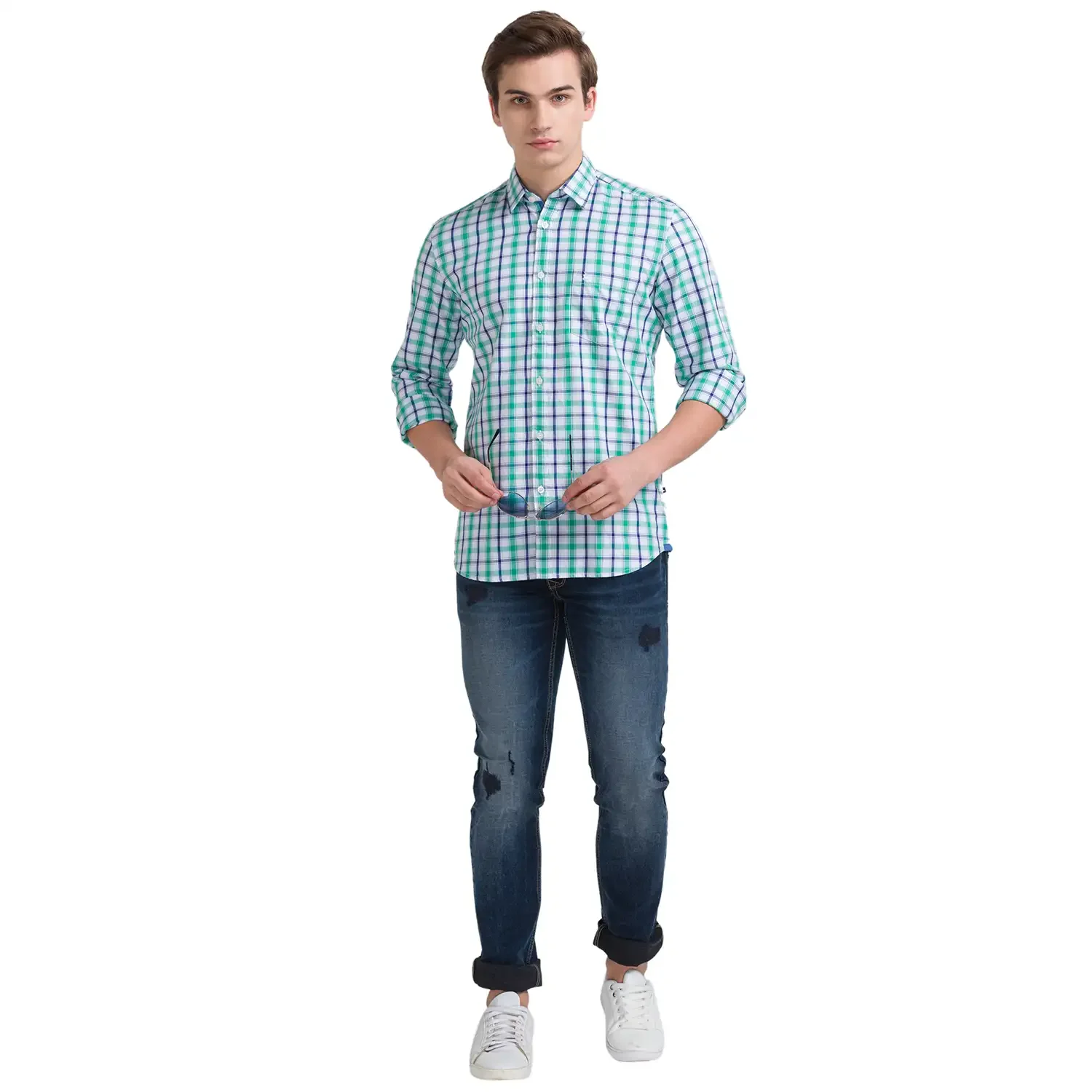 Men Green Slim Fit Checks Cotton Full Sleeve Shirts - Image 4