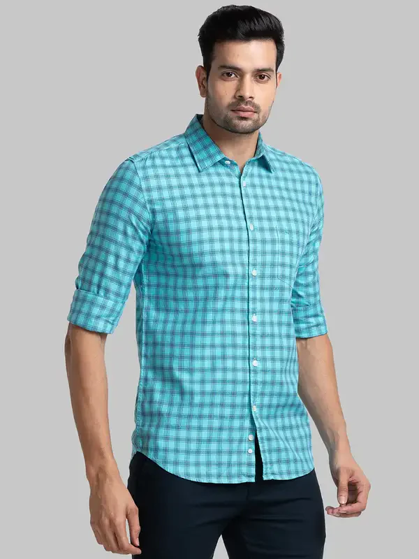 Men Green Slim Fit Checks Cotton Full Sleeve Shirts - Image 2