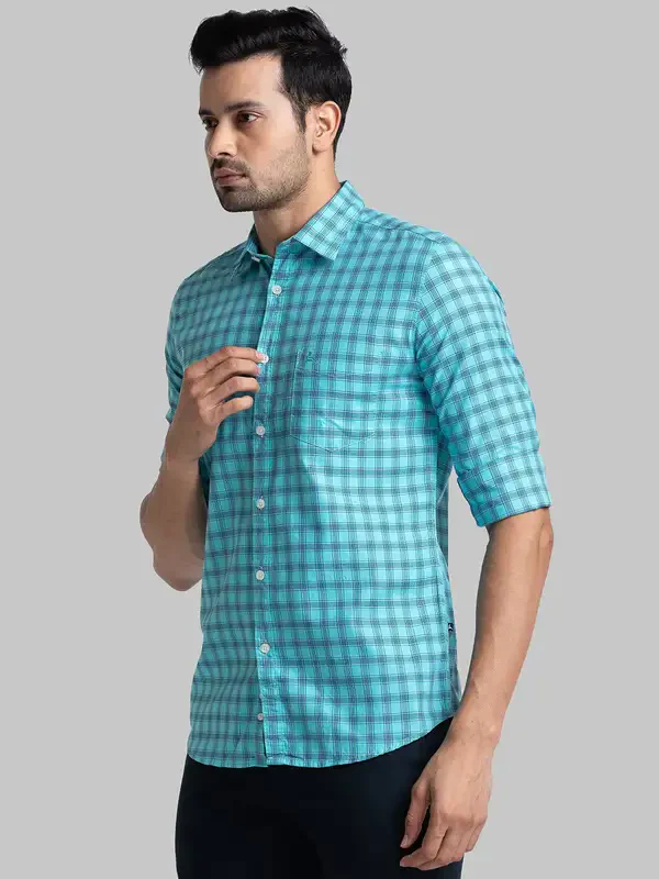 Men Green Slim Fit Checks Cotton Full Sleeve Shirts - Image 3