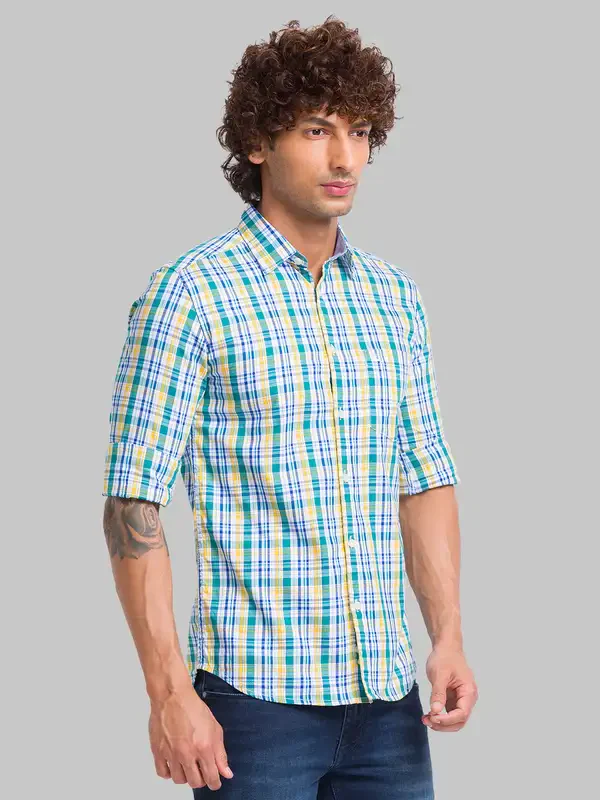 Men Green Slim Fit Checks Cotton Full Sleeve Shirts - Image 2