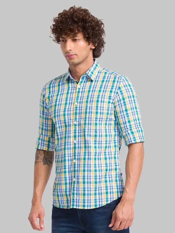 Men Green Slim Fit Checks Cotton Full Sleeve Shirts - Image 3