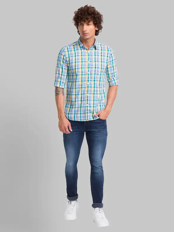 Men Green Slim Fit Checks Cotton Full Sleeve Shirts - Image 5