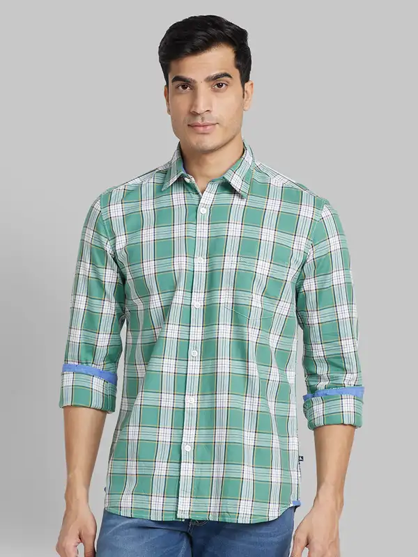 Men Green Slim Fit Checks Cotton Full Sleeve Shirts