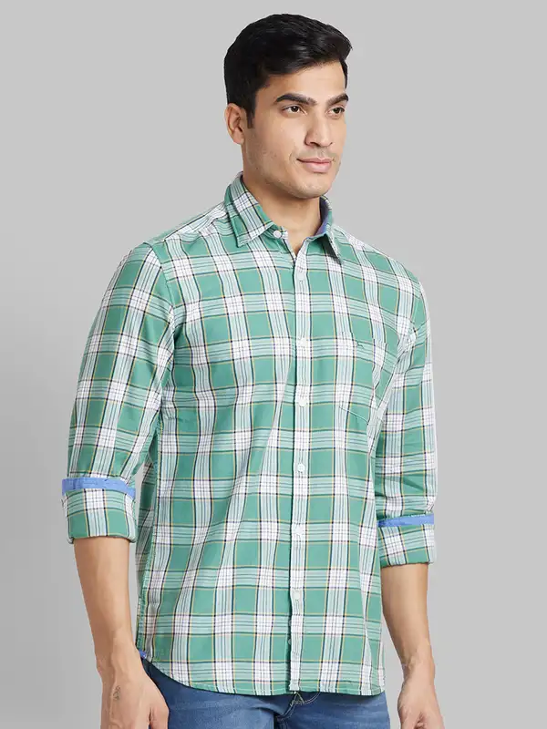 Men Green Slim Fit Checks Cotton Full Sleeve Shirts - Image 2