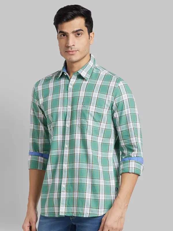 Men Green Slim Fit Checks Cotton Full Sleeve Shirts - Image 3