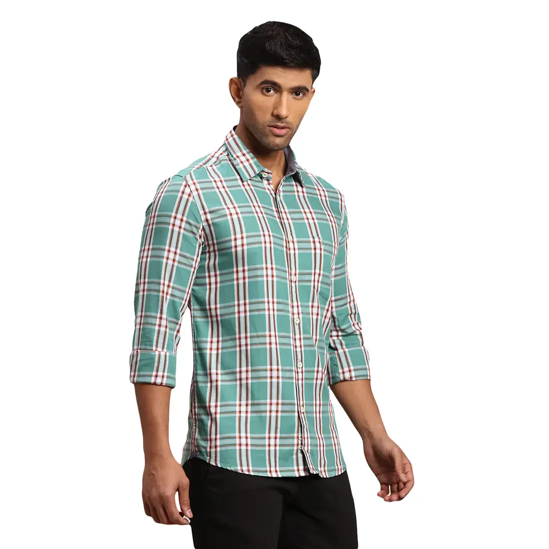 Men Green Slim Fit Checks Cotton Full Sleeve Shirts - Image 2